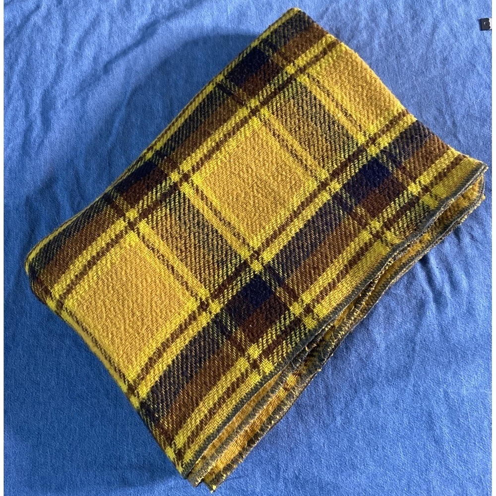 Vintage Yellow & Brown Tartan Plaid Blanket Throw Approx 68 X 48